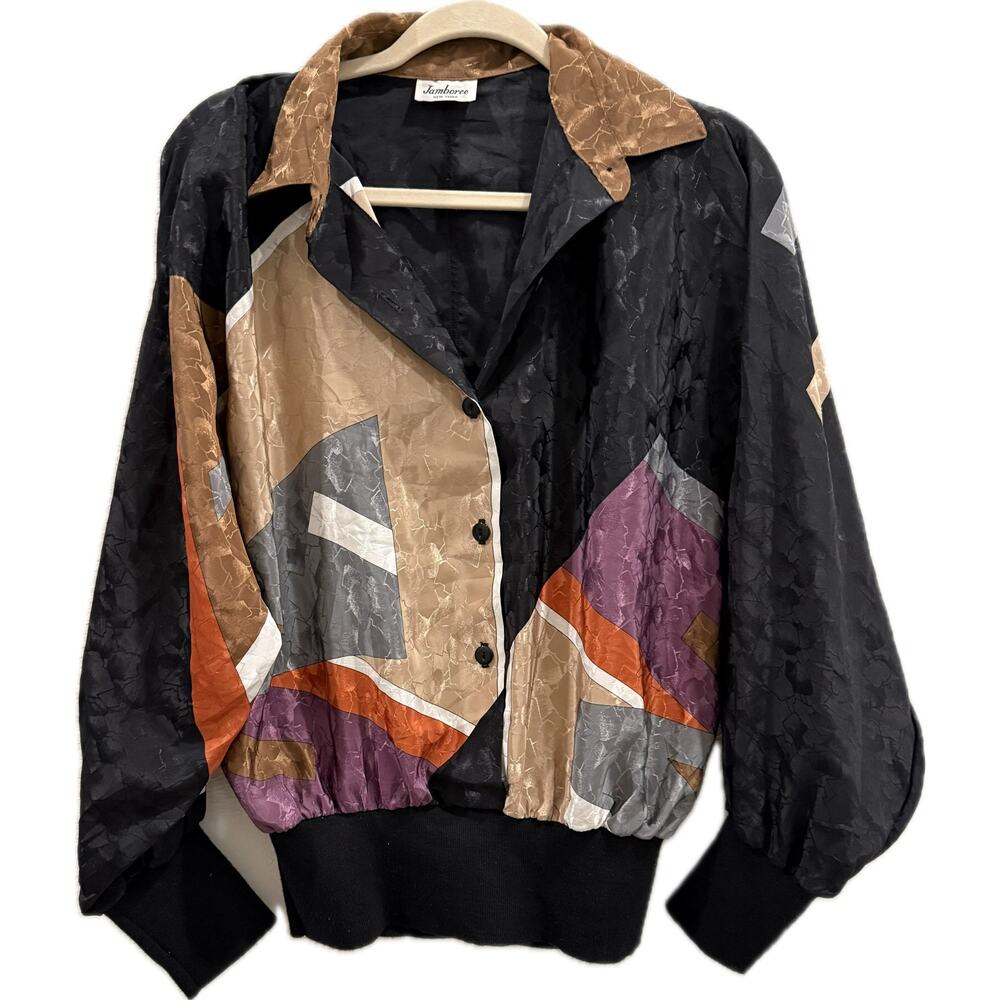 80s-90s Vintage Jamboree New York Windbreaker Black Brown White Dolman Jacket